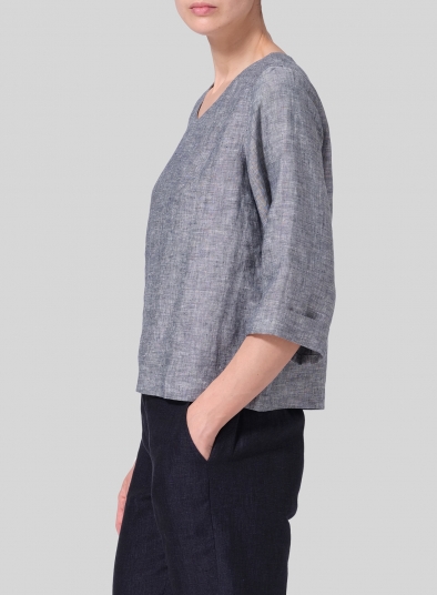 Linen Wide Sleeves V-Neckline Blouse