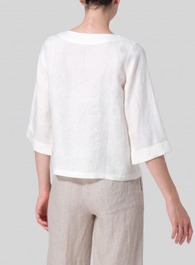 Linen Wide Sleeves V-Neckline Blouse