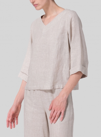 Linen Wide Sleeves V-Neckline Blouse