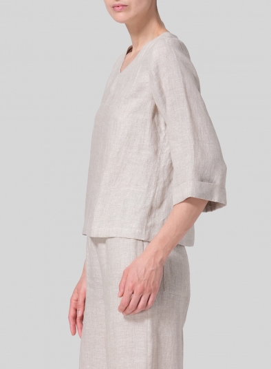 Linen Wide Sleeves V-Neckline Blouse