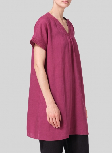 Linen Embroidered A-Line Dolman-Sleeve Tunic