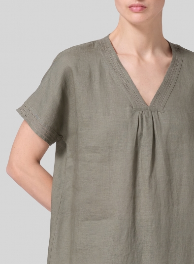 Linen Embroidered A-Line Dolman-Sleeve Tunic