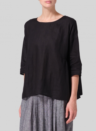 Linen Relaxed 3/4 Sleeve Pleated Top