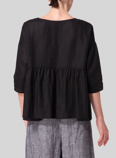 Linen Relaxed 3/4 Sleeve Pleated Top