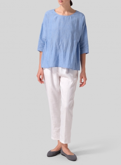 Linen Relaxed 3/4 Sleeve Pleated Top