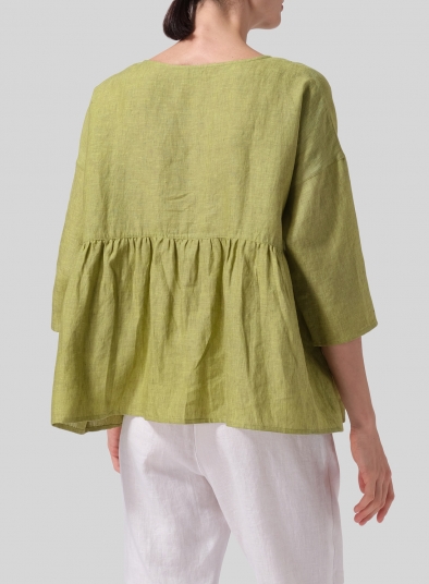 Linen Relaxed 3/4 Sleeve Pleated Top
