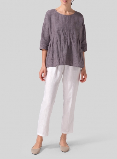 Linen Relaxed 3/4 Sleeve Pleated Top