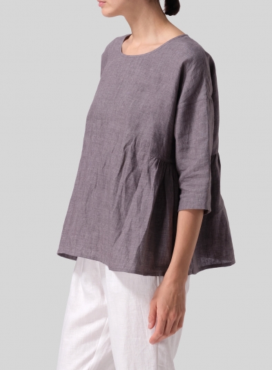 Linen Relaxed 3/4 Sleeve Pleated Top