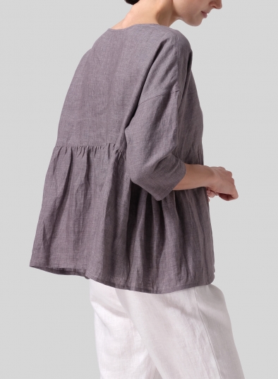 Linen Relaxed 3/4 Sleeve Pleated Top