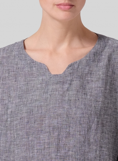 Linen Notch Square Neckline Dropped Shoulder Top