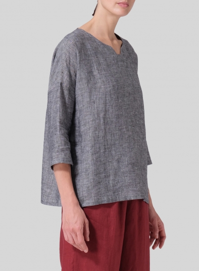 Linen Notch Square Neckline Dropped Shoulder Top