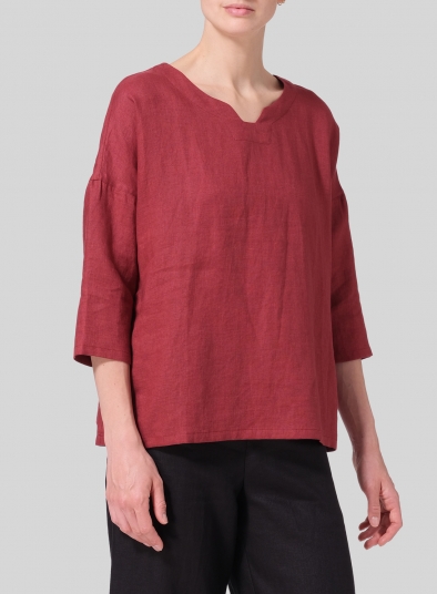 Linen Notch Square Neckline Dropped Shoulder Top