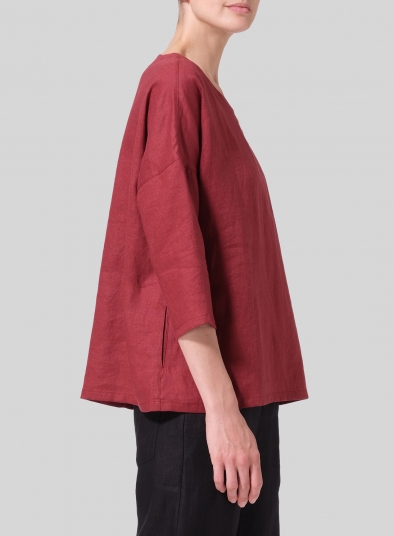 Linen Notch Square Neckline Dropped Shoulder Top