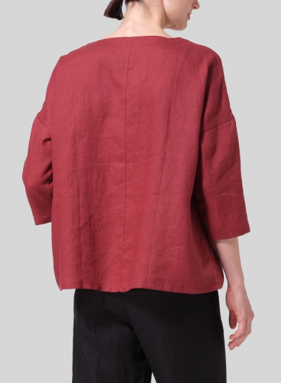 Linen Notch Square Neckline Dropped Shoulder Top