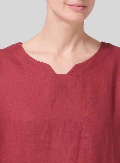 Linen Notch Square Neckline Dropped Shoulder Top