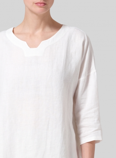 Linen Notch Square Neckline Dropped Shoulder Top