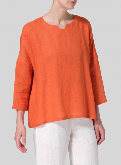 Linen Notch Square Neckline Dropped Shoulder Top