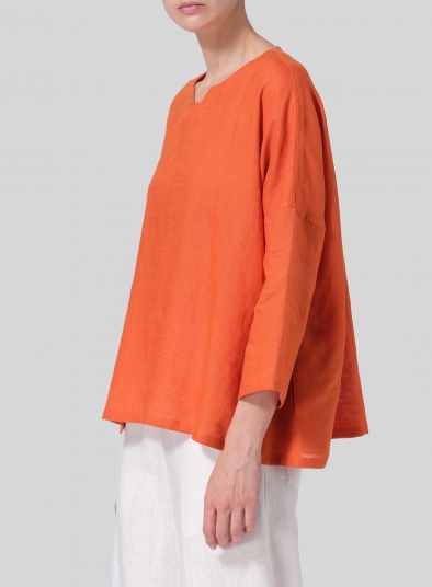 Linen Notch Square Neckline Dropped Shoulder Top