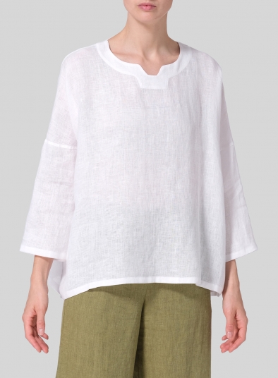 Linen Notch Square Neckline Dropped Shoulder Top