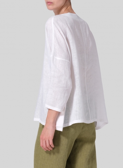 Linen Notch Square Neckline Dropped Shoulder Top