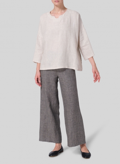 Linen Notch Square Neckline Dropped Shoulder Top