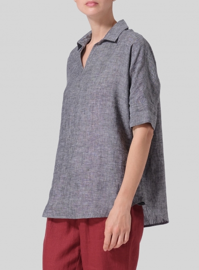 Linen Nice Fit Fold Over Collar Blouse