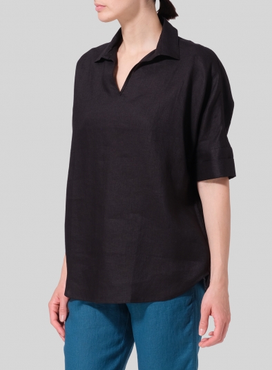 Linen Nice Fit Fold Over Collar Blouse