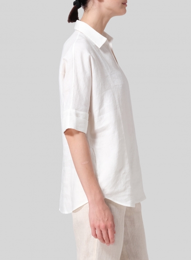 Linen Nice Fit Fold Over Collar Blouse