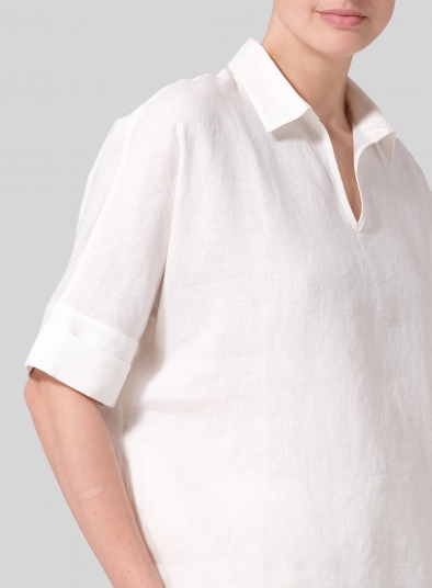 Linen Nice Fit Fold Over Collar Blouse