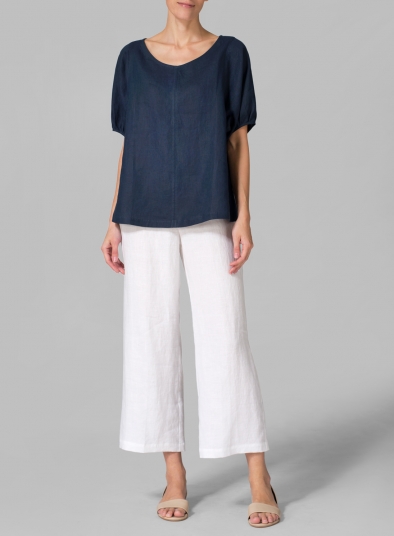 Linen Drawstring Cuffs Short Sleeve Top