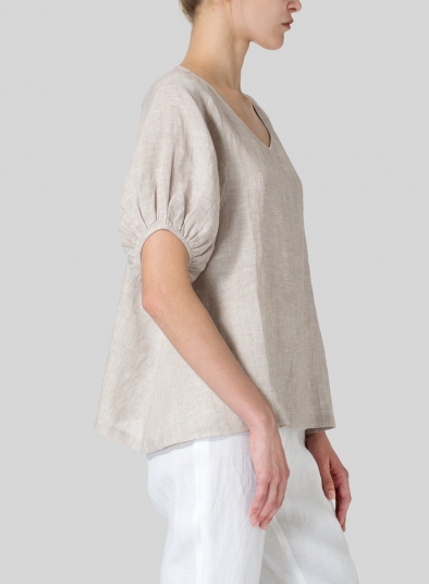 Linen Drawstring Cuffs Short Sleeve Top