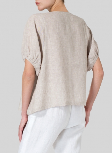 Linen Drawstring Cuffs Short Sleeve Top