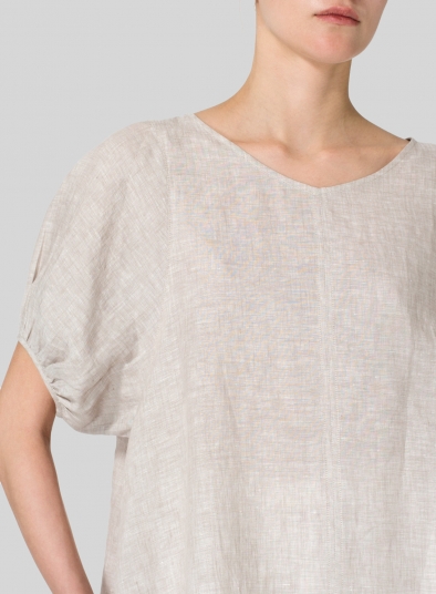 Linen Drawstring Cuffs Short Sleeve Top