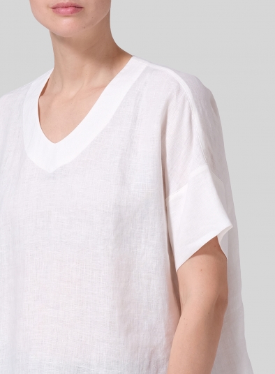 Linen Sloped Shoulder Wide Boxy V-neck Top