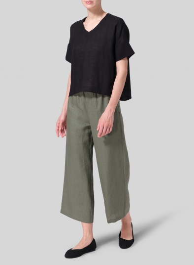 Linen Sloped Shoulder Wide Boxy V-neck Top