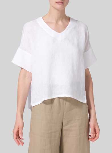 Linen Sloped Shoulder Wide Boxy V-neck Top