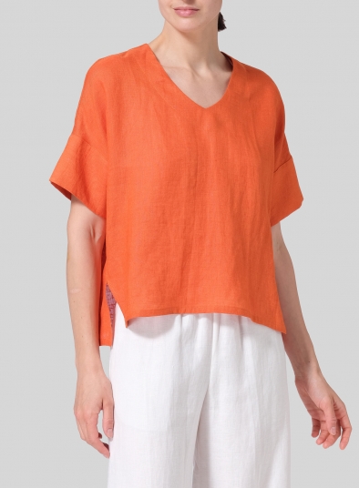 Linen Sloped Shoulder Wide Boxy V-neck Top