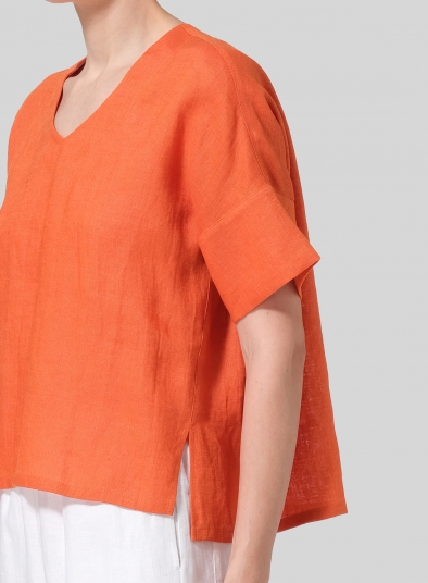 Linen Sloped Shoulder Wide Boxy V-neck Top