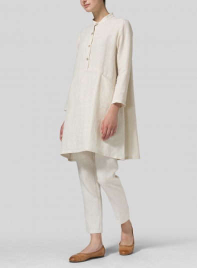 Linen Mandarin Collar A-line Smock Long