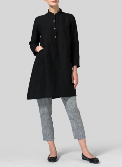 Linen Mandarin Collar A-line Smock Long