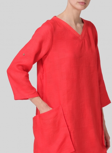 Linen A-shape Patch Pockets Tunic Dress