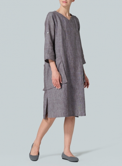 Linen A-shape Patch Pockets Tunic Dress