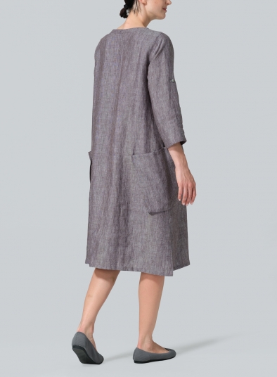 Linen A-shape Patch Pockets Tunic Dress