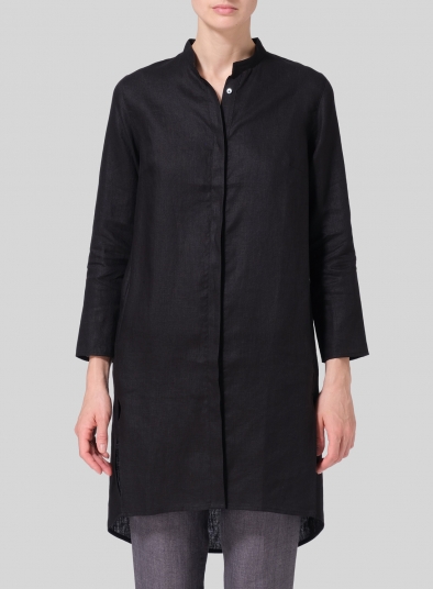 Linen Shirt Dress with Mandarin Collar