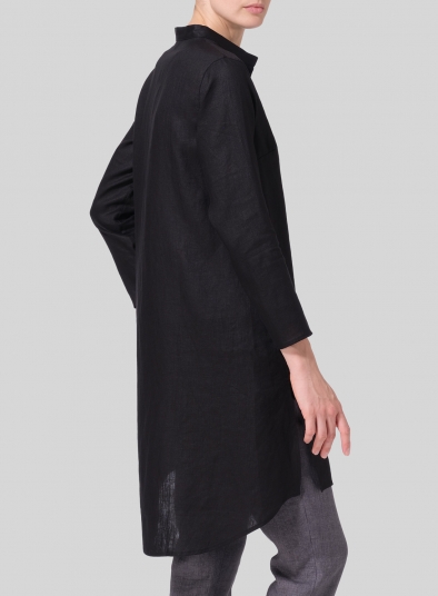 Linen Shirt Dress with Mandarin Collar