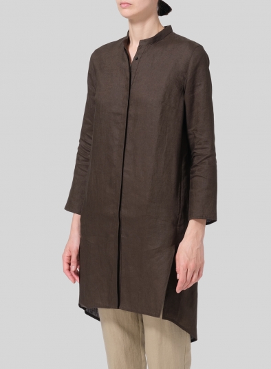 Linen Shirt Dress with Mandarin Collar