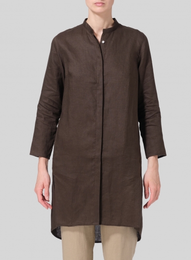 Linen Shirt Dress with Mandarin Collar