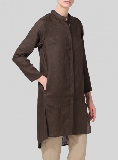 Linen Shirt Dress with Mandarin Collar