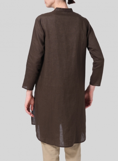 Linen Shirt Dress with Mandarin Collar