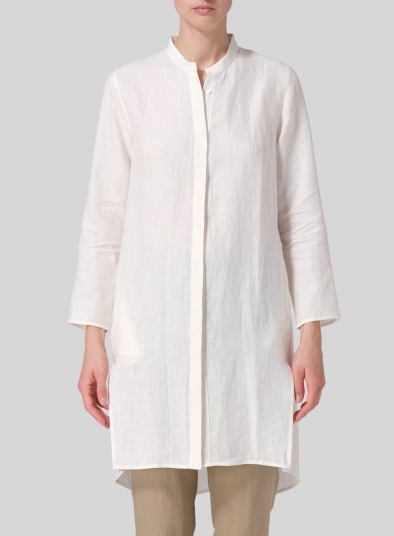 Linen Shirt Dress with Mandarin Collar